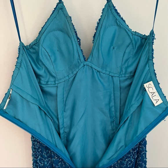 Scala Turquoise Blue Beaded Halter Neck Double Split Formal Gown - Picture 8 of 16